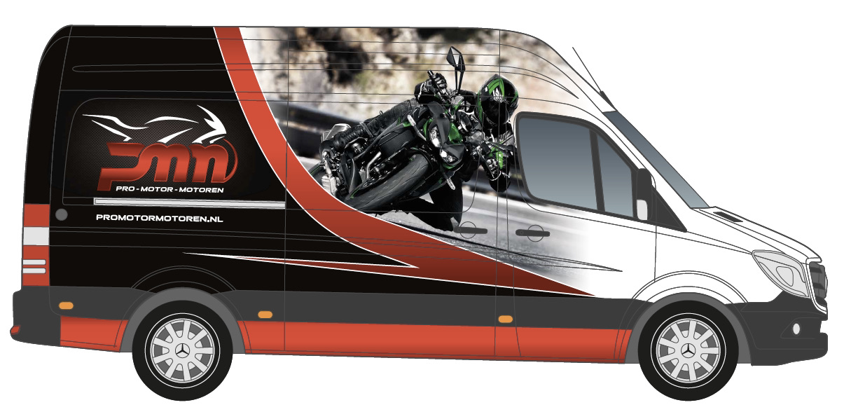 Ontwerp van de bus van Pro-Motor-Motoren in zwart, rood en wit met het pmm-logo